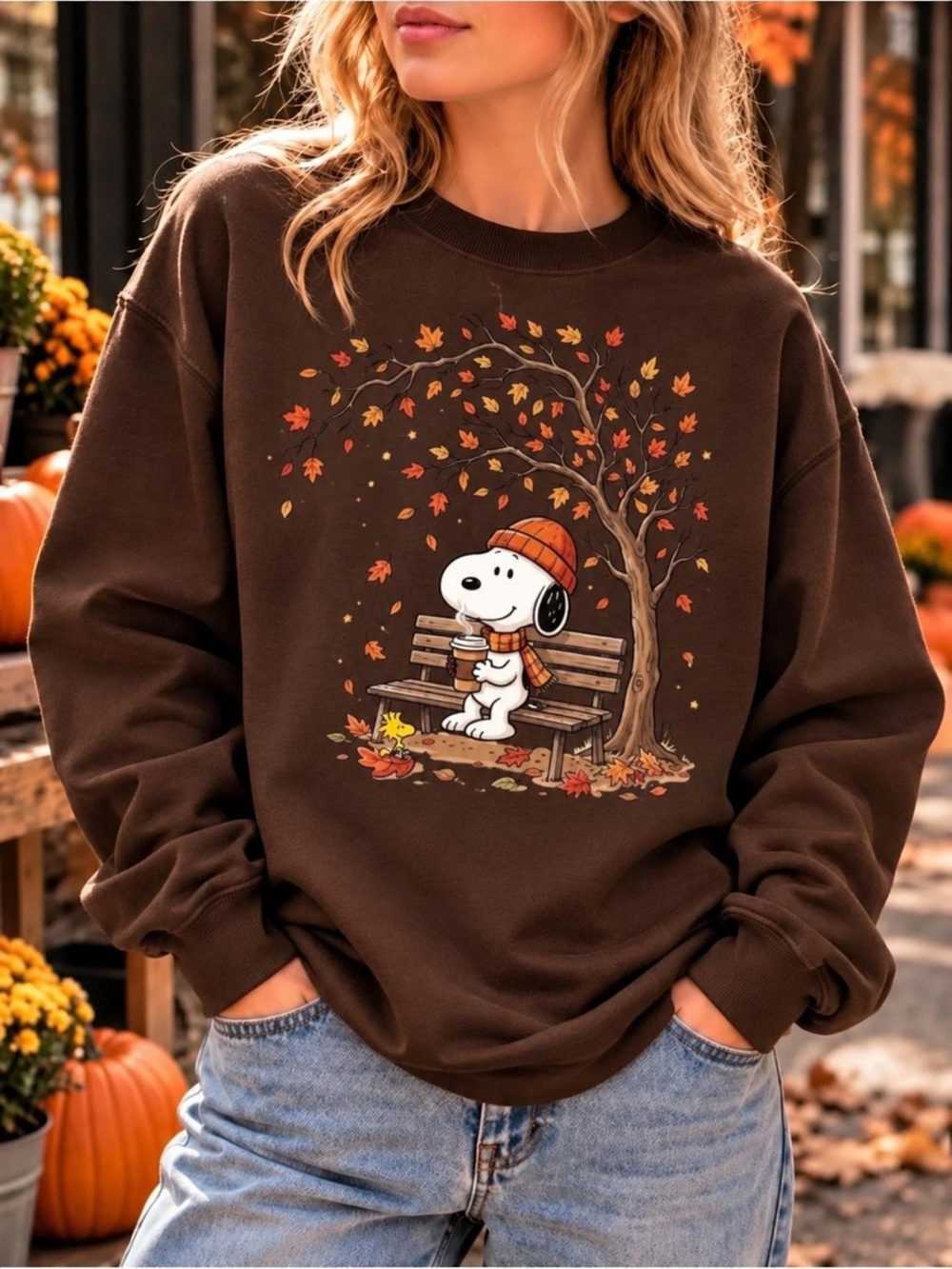 Snoopy Autumn Bench Graphic Sweatshirt Dark Brown Unisex